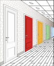 Interior of multi-colored doors on a white background. Illustration of a long corridor. Concept of infinite