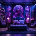 interior of neon blue and purple bedroom generative AI