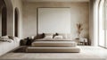 interior with neutral textiles, minimalist bedframe, uncluttered layout, and a large blank white wall above the headboard Royalty Free Stock Photo