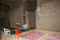 Interior of a new mosque under construction, building a new grand Masjid mosque in Cairo, with a big dome and high minaret, wooden