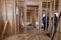 Interior beam wood framework of new residential home under construction Royalty Free Stock Photo