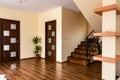 Interior of a nicely furnished living room with a staircase in a modern apartment