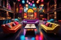 Interior of a night club with a lot of colorful furniture. A decorated night club with stylish couches and colorful cocktail