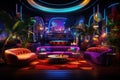 Interior of a night club with neon lights, 3D rendering, Interior of a night club with bright lights. Night club. A decorated