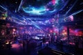 Interior of a night club with people and neon lights, toned, serene night club, featuring a plush ballroom filled with patrons Royalty Free Stock Photo