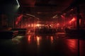 Interior of a night club with tables and chairs, lights and smoke, empty nightclub, with dim lighting casting a soft warm glow, Royalty Free Stock Photo