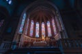 Interior of Notre Dame Cathedral with altar and stained glass