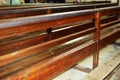 Interior of Notre Dame de La garde Cathedral, rows of pews, sunlight, selective focus, France, Marseille Royalty Free Stock Photo