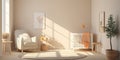 Interior of nursery baby room with crib, neutral colors, sunny day at spacious home Royalty Free Stock Photo