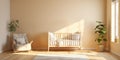 Interior of nursery baby room with crib, neutral colors, sunny day at spacious home Royalty Free Stock Photo