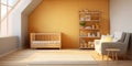 Interior of nursery baby room with crib, neutral colors, sunny day at spacious home Royalty Free Stock Photo