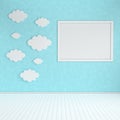 Interior of nursery with mock up photo frame and paper clouds decoration. White and blue colors. 3d render. Cosy childroom with