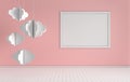 Interior of nursery with mock up photo frame and paper clouds decoration. White and pink colors. 3d render. Cosy childroom with