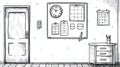 Office wall scene with door, clock, calendars, and desk in sketchy hand-drawn style Royalty Free Stock Photo