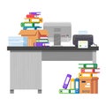 Office workplace with pile of paper documents and file folders. Royalty Free Stock Photo
