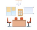 Interior of office working room with furniture, interactive whiteboard, chandelier.