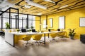 A prominent yellow wall and beautiful flowers in a contemporary office space Generated Ai Royalty Free Stock Photo