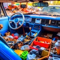 The interior of an old abandoned car with broken items. Royalty Free Stock Photo