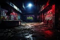 Interior of an old abandoned industrial building with graffiti on the walls, A vivid haunting image of an abandoned nightclub.