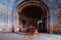 Interior of old abandoned Orthodox church of Smolensk icon of the mother of god with remnants of fresco