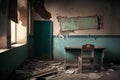 Interior of an old abandoned school with a chair in the foreground Royalty Free Stock Photo