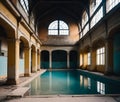 Interior of an old abandoned swimming pool building. Generative AI Royalty Free Stock Photo