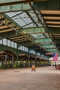 Interior old abandoned train station in New Jersey with American Flag