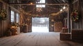 interior of an old barn with wooden crates, holiday decor, and snow visible through the windows . Royalty Free Stock Photo