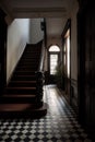 Interior of an old building with a window and a stairway. Corridor, hallway. Colonial, country style Royalty Free Stock Photo