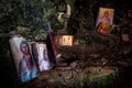 Interior of an old church cave with Christian saint pictures. Ayioi Saranta orthodox chapel