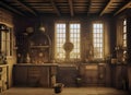 The interior of an old cluttered medieval period farmhouse kitchen with plates and jars stacked on shelves wooden ceiling beams in
