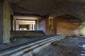 Interior of old factory buildings destroyed. Ruins of industrial enterprise, dark debris destroyed