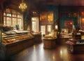 interior of an old-fashioned cake shop with pastries and cakes arranged on counters and shelves illuminated by warm lights.