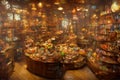 The interior of an old fashioned candy store crowded with sweets and confectioneries on shelves.