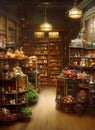 The interior of an old fashioned food shop with vegetables, fruit and jars of food on shelves.