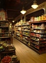 The interior of an old fashioned food store with jars and bottles of food preserves and confectioneries on shelves. generative ai