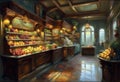 interior of an old fashioned fruit shop with products on display on shelves and counters