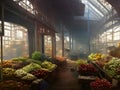 The interior of an old fashioned fruit and vegetable market hall with products on display on stalls and piled on the floor.