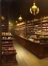 The interior of an old fashioned grocery store with jars and bottles of food preserves and confectioneries on shelves. generative