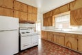 Interior of old fashioned kitchen room with linoleum floor