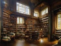 Old-fashioned library in a grand house crowded with old wooden furniture and books on shelves