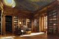 old-fashioned library in a grand house crowded with old wooden furniture and books on shelves