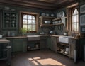 the interior of an old fashioned rural kitchen with a wooden ceiling and table with light reflected on the floor.