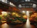 The interior of an old fashioned vegetable market hall with products on display with fruit salad and vegetables stacked on