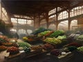 The interior of an old fashioned vegetable market hall with products on display with fruit salad and vegetables stacked on