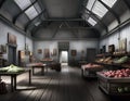 interior of an old fashioned vegetable market hall with products on display with fruit salad and vegetables stacked on