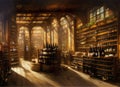 The interior of an old fashioned wine merchant with bottles stacked on shelves and on tables.