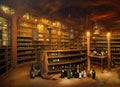 The interior of an old fashioned wine shop with bottles stacked on shelves and on the counter and table.