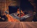 Desk of free space and workshop. Interior of an old forge. Bright fire burning in the furnace Royalty Free Stock Photo