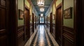 Interior of an old hospital, or apartment corridor with wooden doors and tile floor. Colonial, country style Royalty Free Stock Photo
